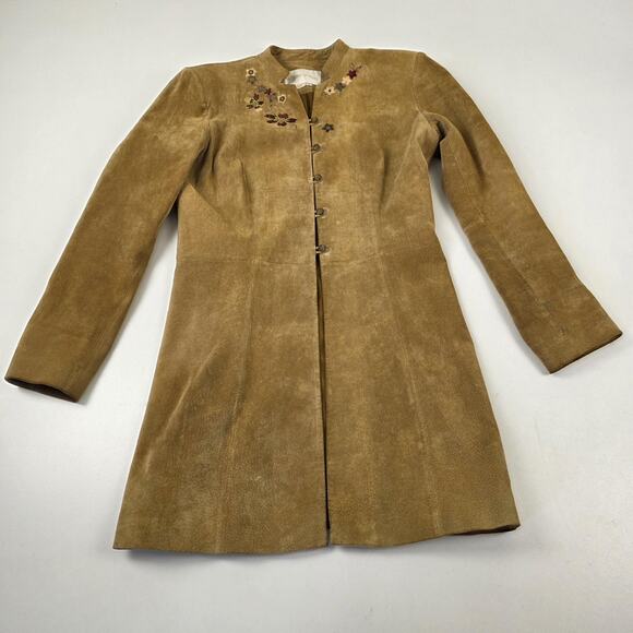 Margaret Godfrey Coat Womens 6 Tan Suede Leather Embroidered Floral Button Lined - Picture 1 of 11